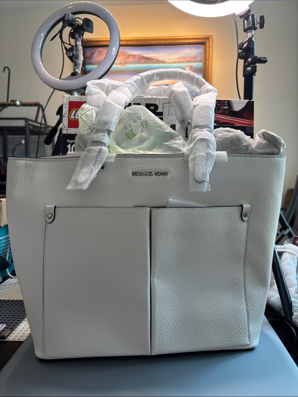 Michael Kors Pebbled White Leather Tote with Front Pockets